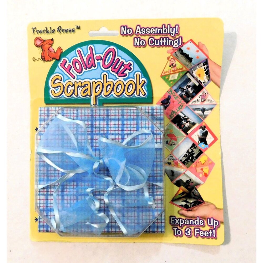 Freckle Press Fold-Out Scrapbook Blue Baby Plaid Cover Ribbon Expands to 3 Feet